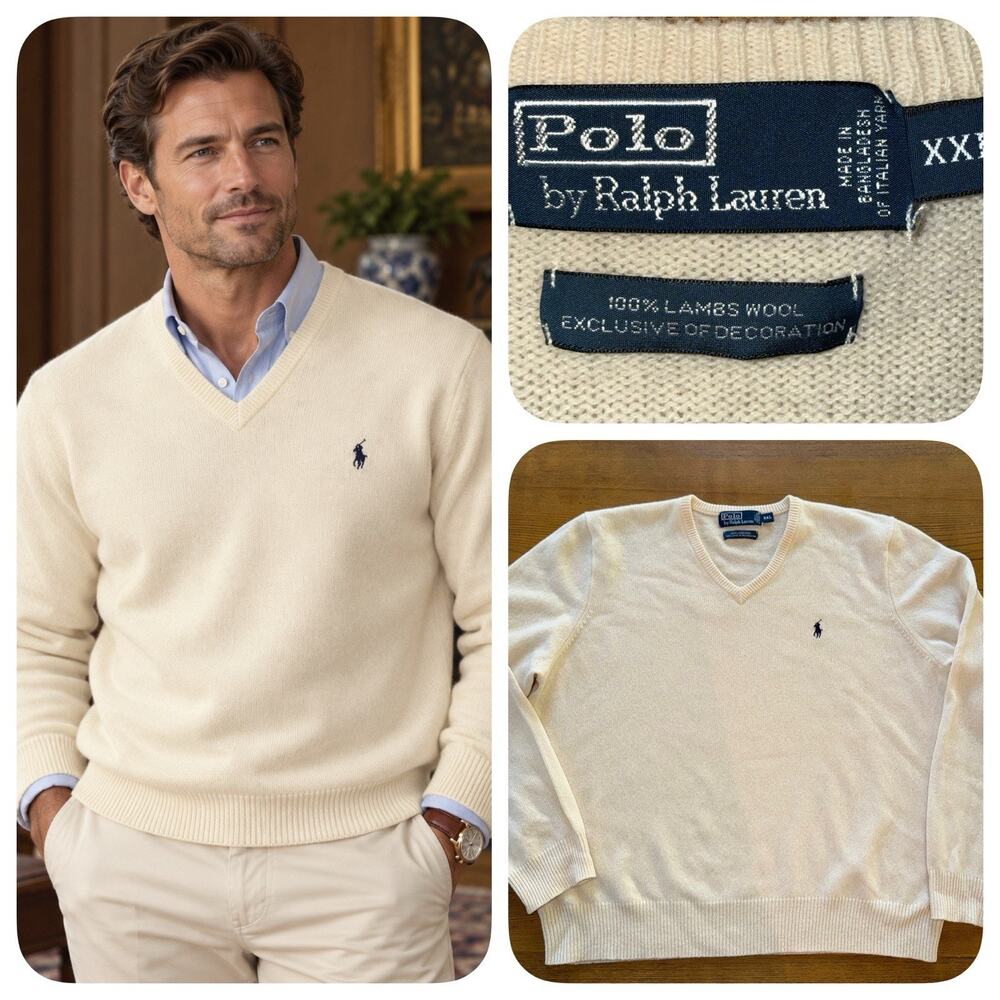 Polo Ralph Lauren Lambswool Sweater Mens XXL Ivory Cream V Neck Pristine Cond.